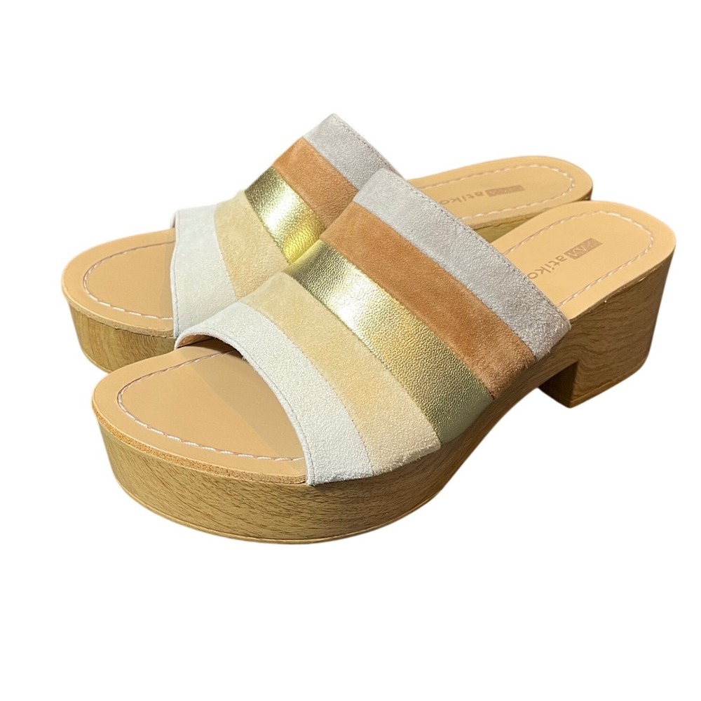 Matiko Platform Slide Sandals Womens 37 Tan Gold Suede Metallic Striped Wedge